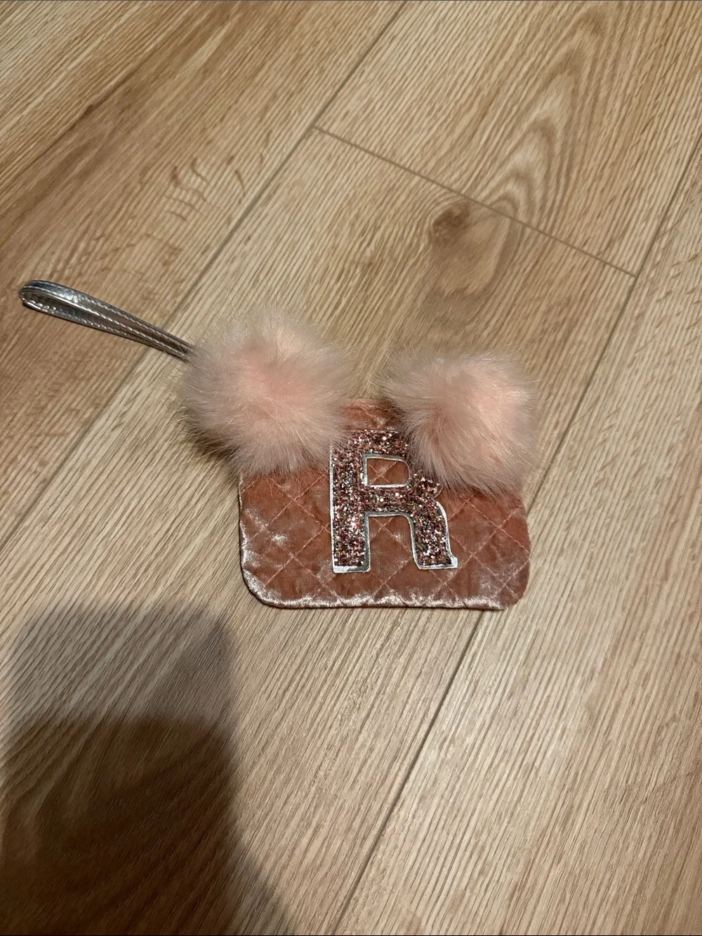 Justice Pink Velvet Pompom Wristlet with Glitter 'R'